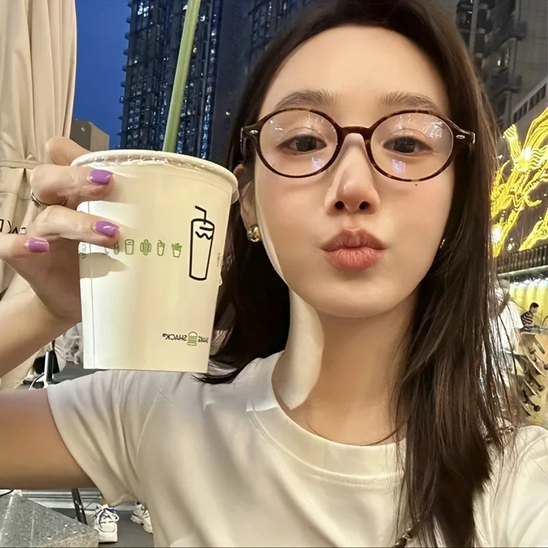 Chic Oval Anti-Blue Light Glasses for Women Retro Korean Style with Clear Lens