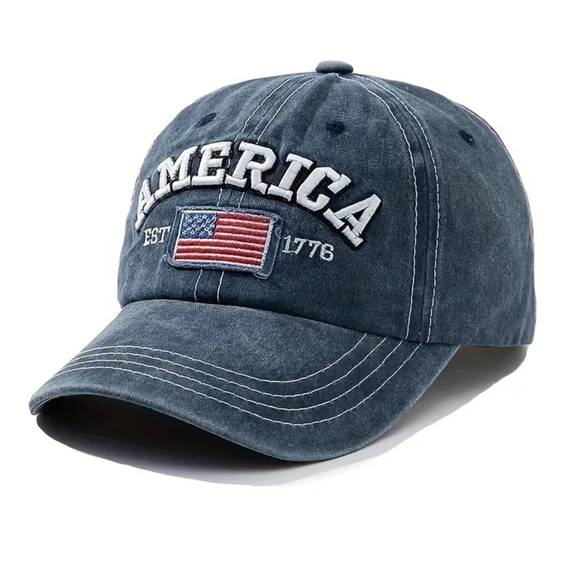 Vintage USA Flag Embroidered Baseball Cap - Bold Letter Distressed Wash Sun Hats
