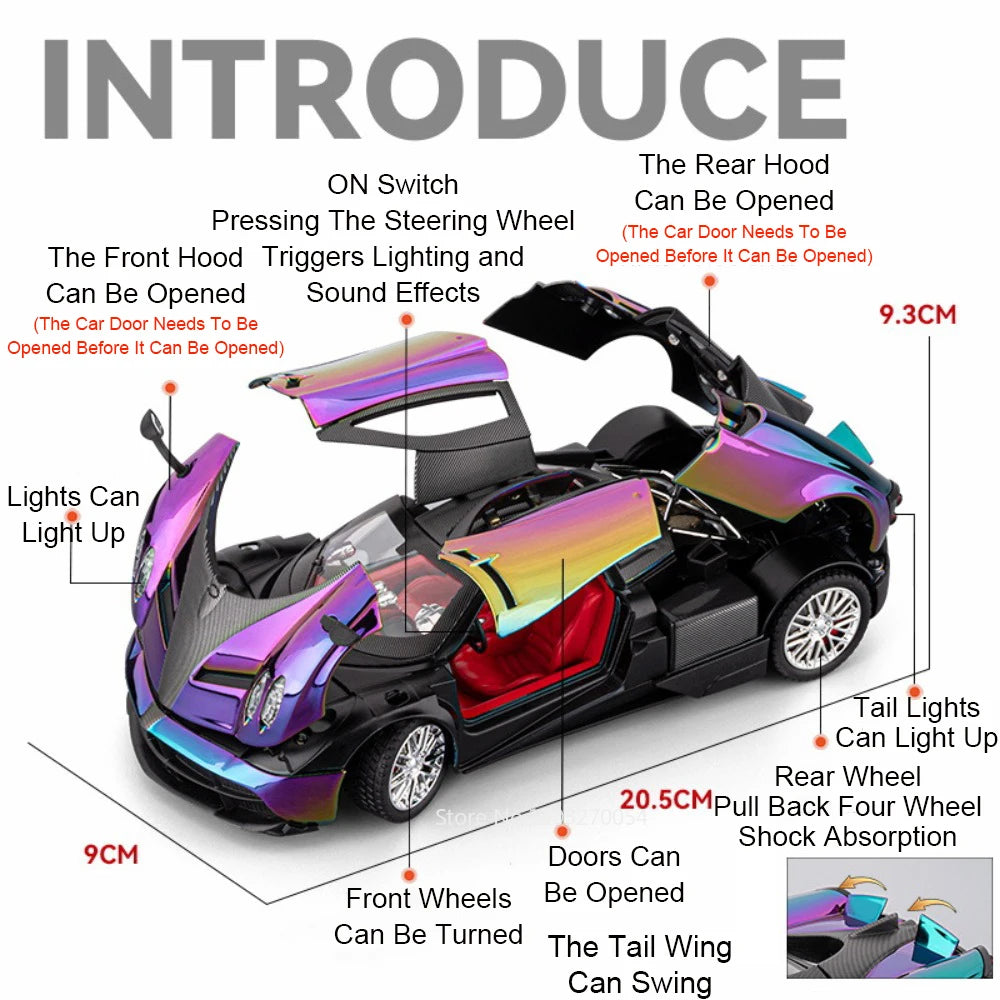 1:24 PAGANI Huayra Dinastia Vision GT Car Toy Diecast Alloy Model Doors Opened Sound Light Pull Back Sportcar for Boy Adult Gift