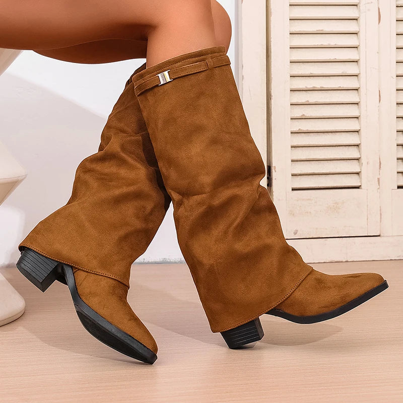 Fashion Slip On High Heeled Knee High Boots Women Autumn Winter High Tube Rider Boots Woman Pointed Toe Thick Heel Long Botas