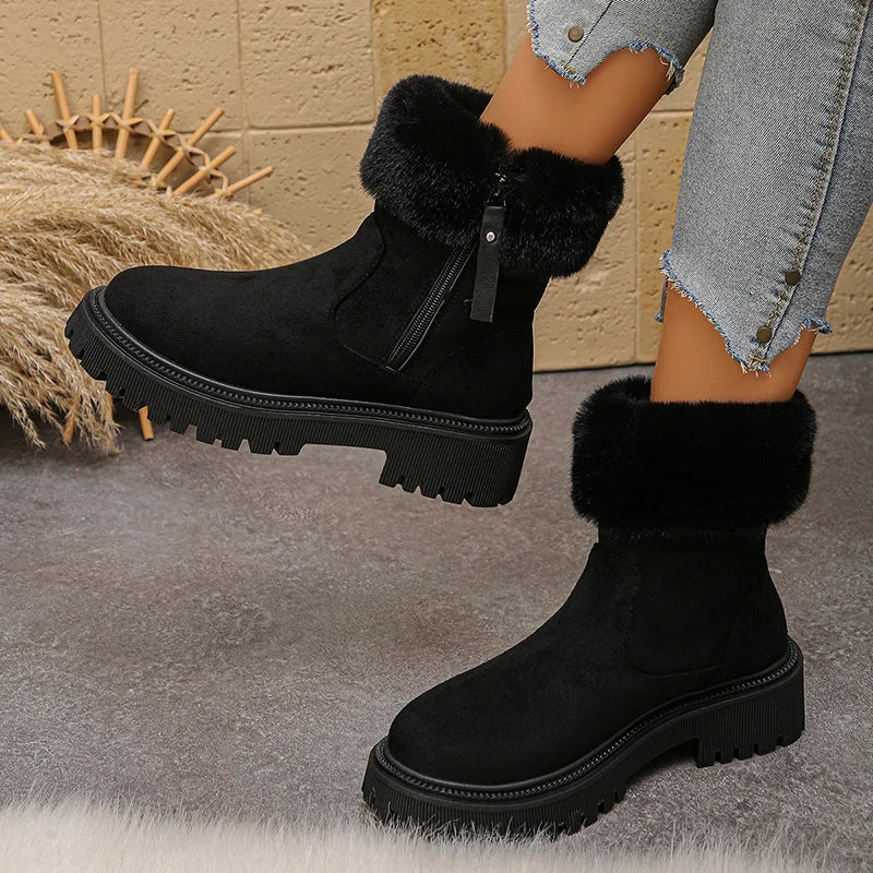 Fluffy Fleece Lined Platform Ankle Boots Women Plus Size 42 Faux Fur Snow Boots Woman Comfy Thick Sole Flock Winter Botas Mujer