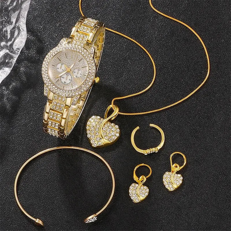 6PCS Women Quartz Watch Gold Luxury Ring Necklace Earring Wristwatch Jewelry Set