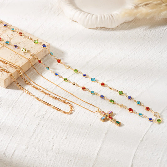 Boho Layered Gold Color Chain Necklace for Women Colorful Crystal Cross Pendant Choker Aesthetics Y2K Trend Jewelry Party Gift