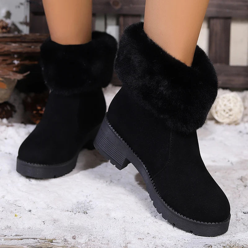 Winter Faux Fur Thick Heels Ankle Boots Women Faux Suede Short Plush Warm Snow Boots Woman 2025 Zipper Plush Winter Botas Mujer