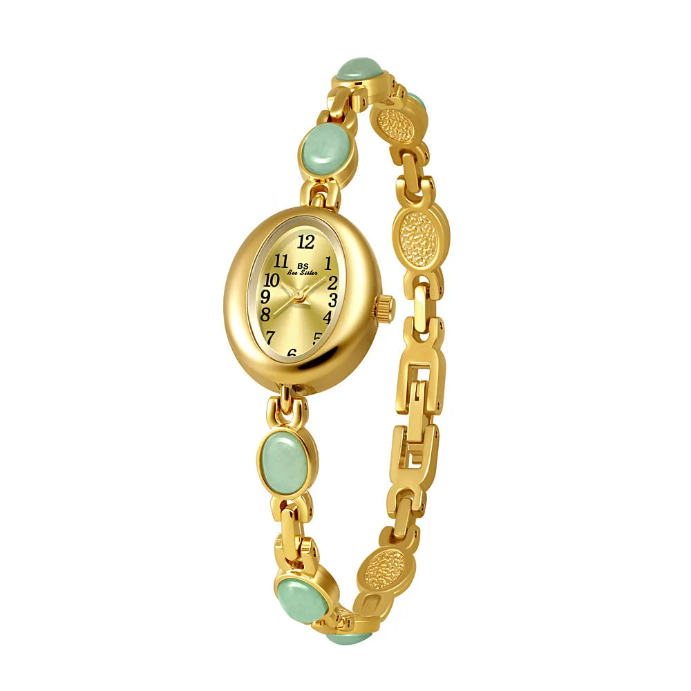 High-end Luxury Woman Watch Natural Jade Gold Bracelet Fashionable Retro Oval Quartz Ladies Dress Watches Small Dial Gold Silver