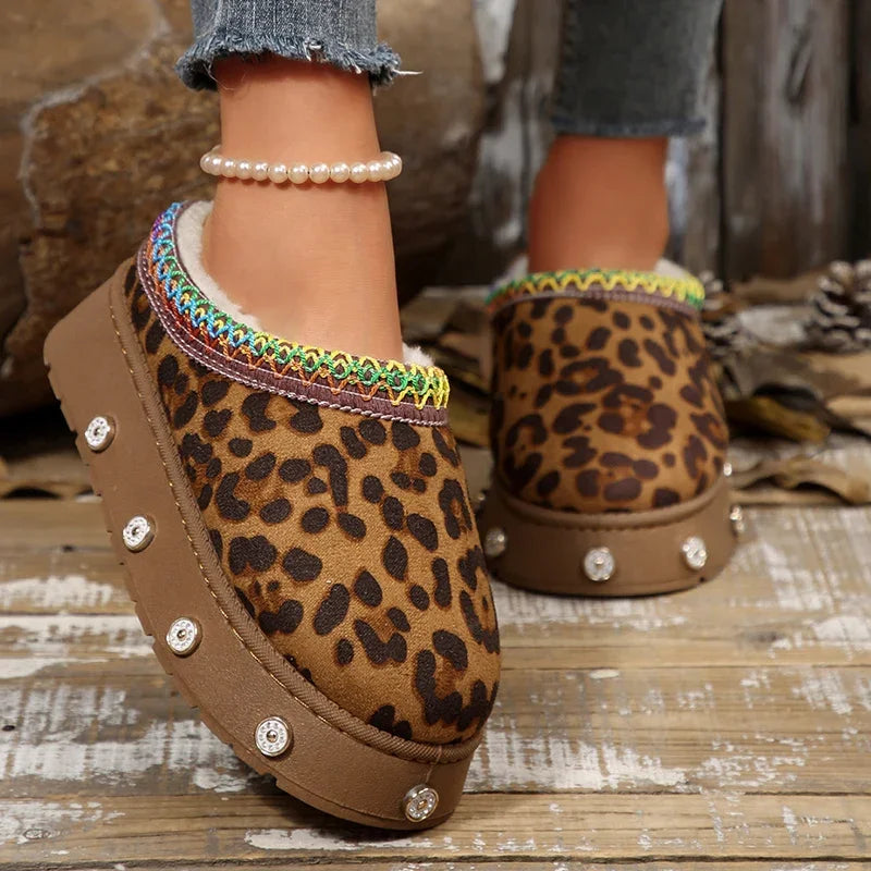 Vintage Leopard Print Women's Platform Snow Boots Anti Slip Warm Plush Ankle Boots Women Thick Sole Cotton Padded Shoes Woman