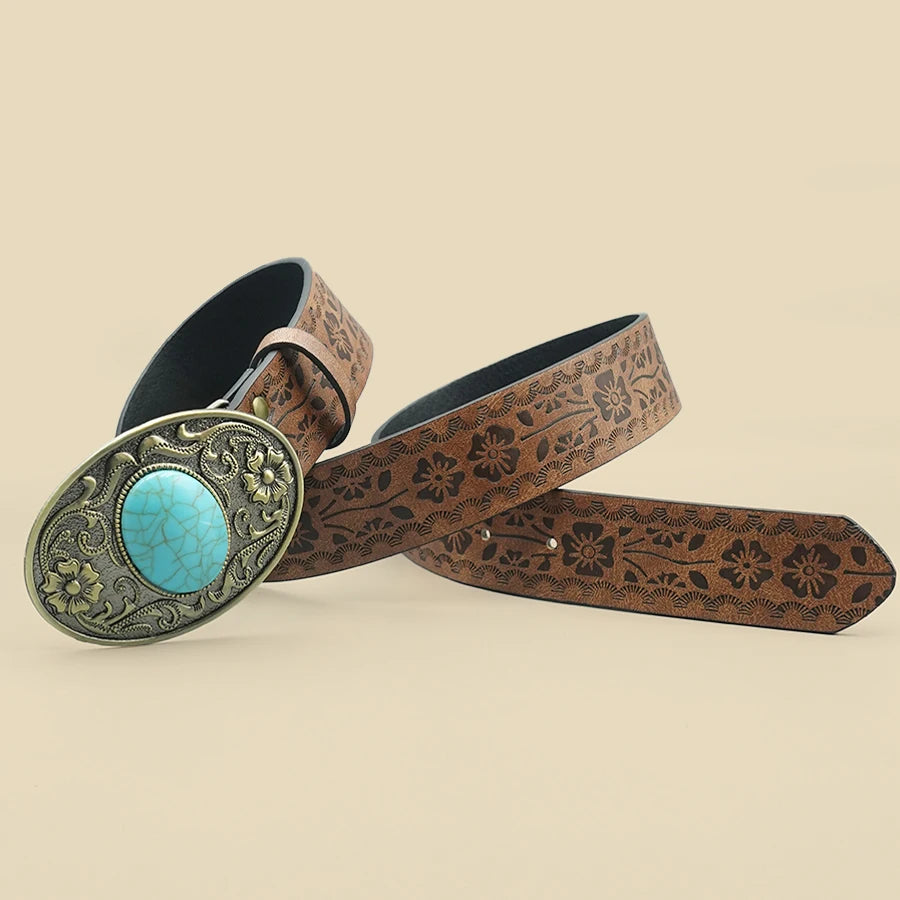 Elegant Vintage Royal Women's Belt - Floral Design with Blue Turquoise Buckle, Perfect for Daily Commute & Travel