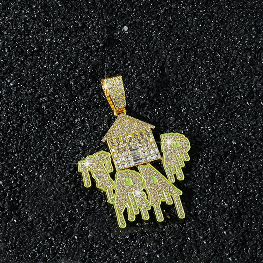 New Men's Exaggerated Trap House Pendant Cuban Necklace Hip Hop Style Iced Out Rhinestone House Letter Necklaces Charm Jewelry