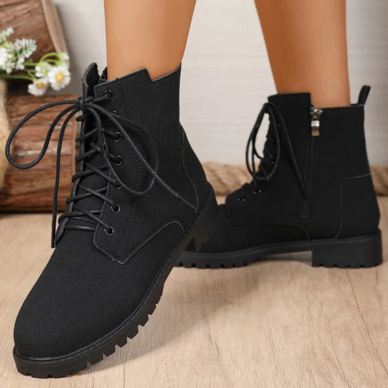 Retro Solid Zip Ankle Boots for Women Autumn Winter Square Heel Lace-Up Women\'s Boots Plus Size Round Toe Shoes of Woman