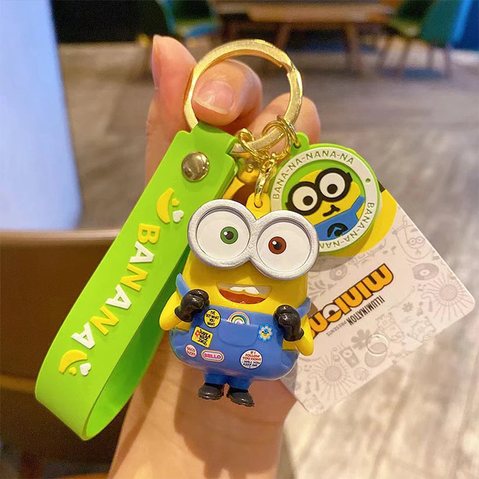 Kawai Minions Keychain Cartoon Toys Model Silicone Pendant Keyring Cosplay Hold