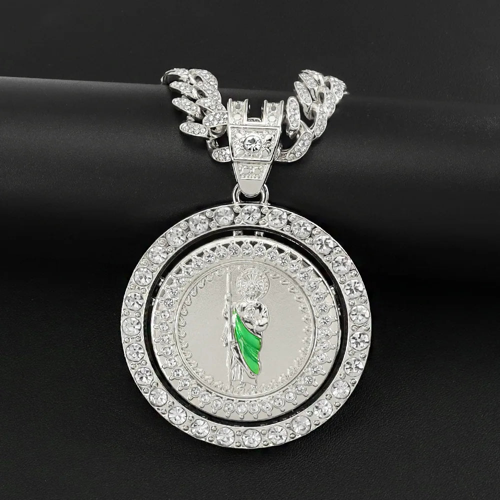 Men's Hip Hop Rotatable St. Jude San Judas Pendant Necklace with Cuban Chain Religious rotation Saint Jude Idol Pendants Jewelry