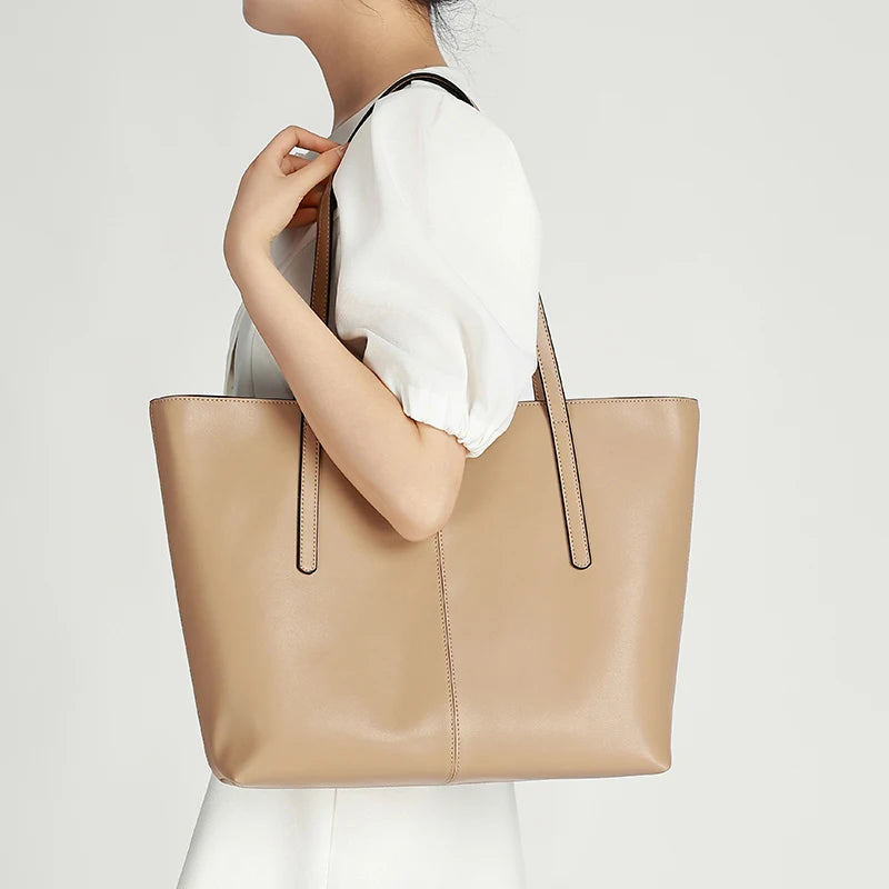 Genuine Cowhide Leather Tote Bag for Women Minimalist Large Capacity Shoulder Bag for Work & Daily Fashion Soft Leather Handbags