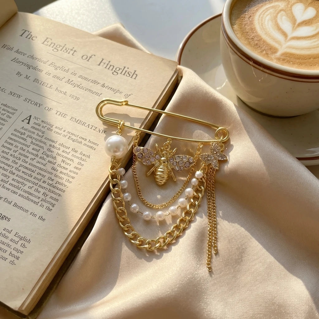 Elegant Bee Butterfly Rhinestone Brooch Multi Layer Chain Tassel Pearl Pin for Women Suit Coat Lapel Jewelry