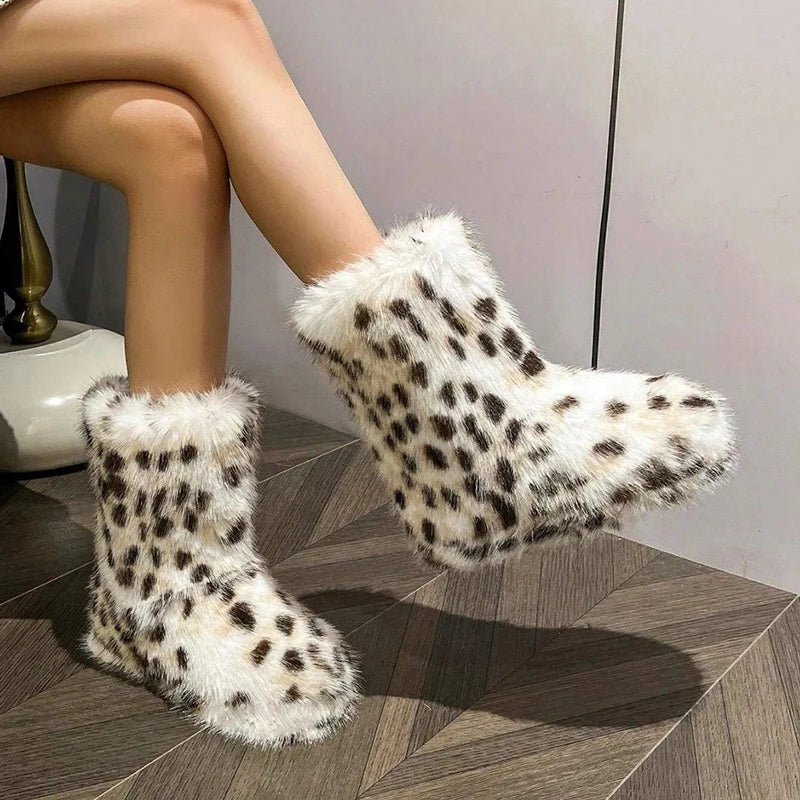 Fashion Leopard Fuzzy Faux Fur Snow Boots Women 2025 Slip On Anti Slip Winter Boots Woman Thick Sole Warm Plush Short Booties