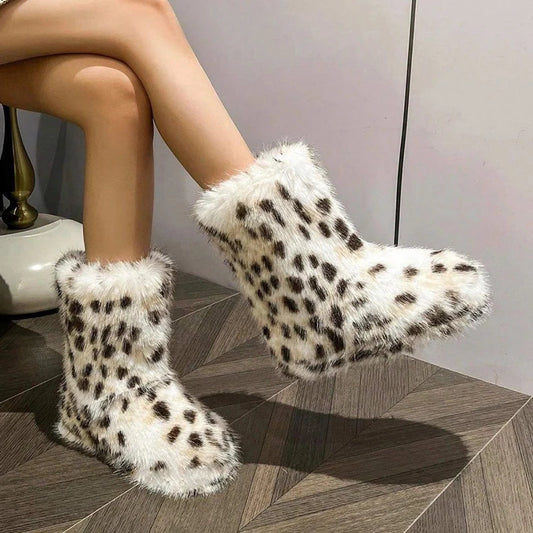 Fashion Leopard Fuzzy Faux Fur Snow Boots Women 2025 Slip On Anti Slip Winter Boots Woman Thick Sole Warm Plush Short Booties