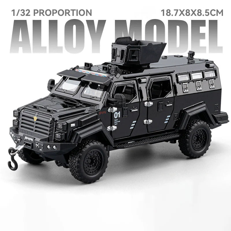 1:32 Alloy Sabertooth Armored Model Toys Diecast Metal Car Pull Back Police Car with Light Music Vehicle for Toddler Kids Gifts