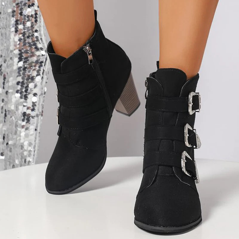 Fashion Buckle Decoration Boots Women Spring Autumn Plus Size Faux Suede Ankle Boots Woman Side Zipper High Heel Botas Ladies