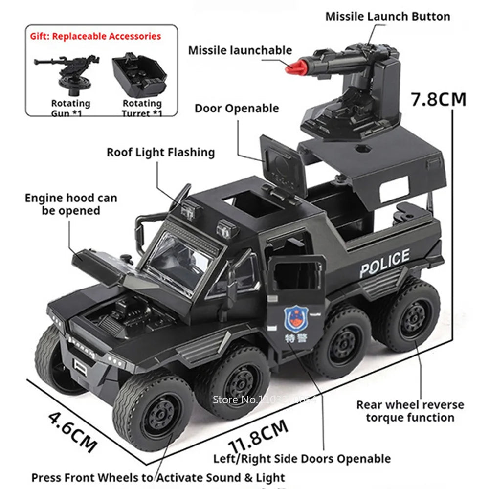 1:36 Conqueror SWAT Armored Vehicle Alloy Diecast Model Toys Car Doors Opened Sound Light Pull Back Cars Festival Gift for Child