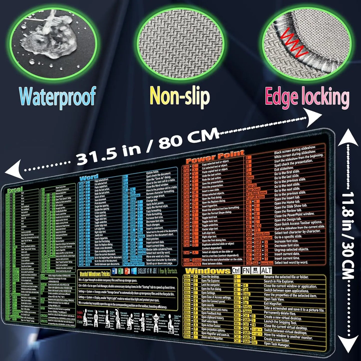 Windows/Word/Power Point/ Excel Mouse pad, Non-Slip Large Office pc Desk mat Keyboard Shortcuts Mouse Mat