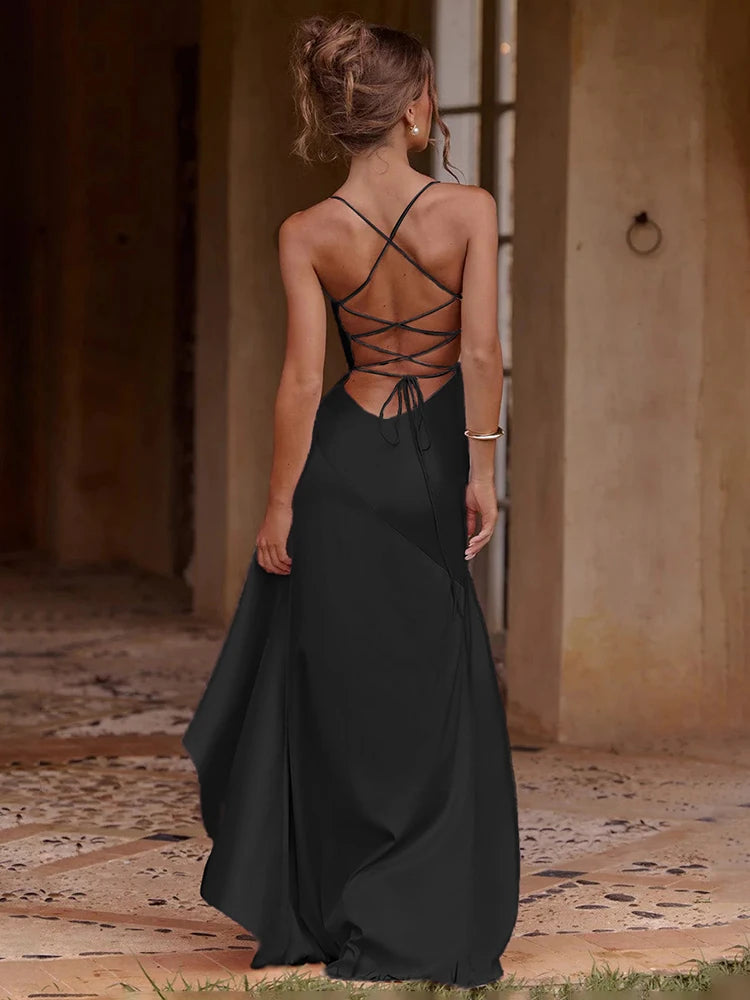 Women Elegant Black Satin Maxi Dress, Crisscross Spaghetti Straps, High Dress