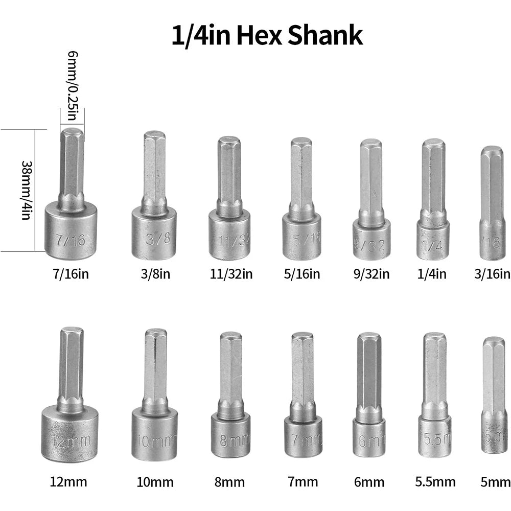 9/14 Piece Power Nuts Driver Drill Bit Tools Set, 1/4 inch Driver Hex Metric & SAE Socket Wrench Screw for Power Tools