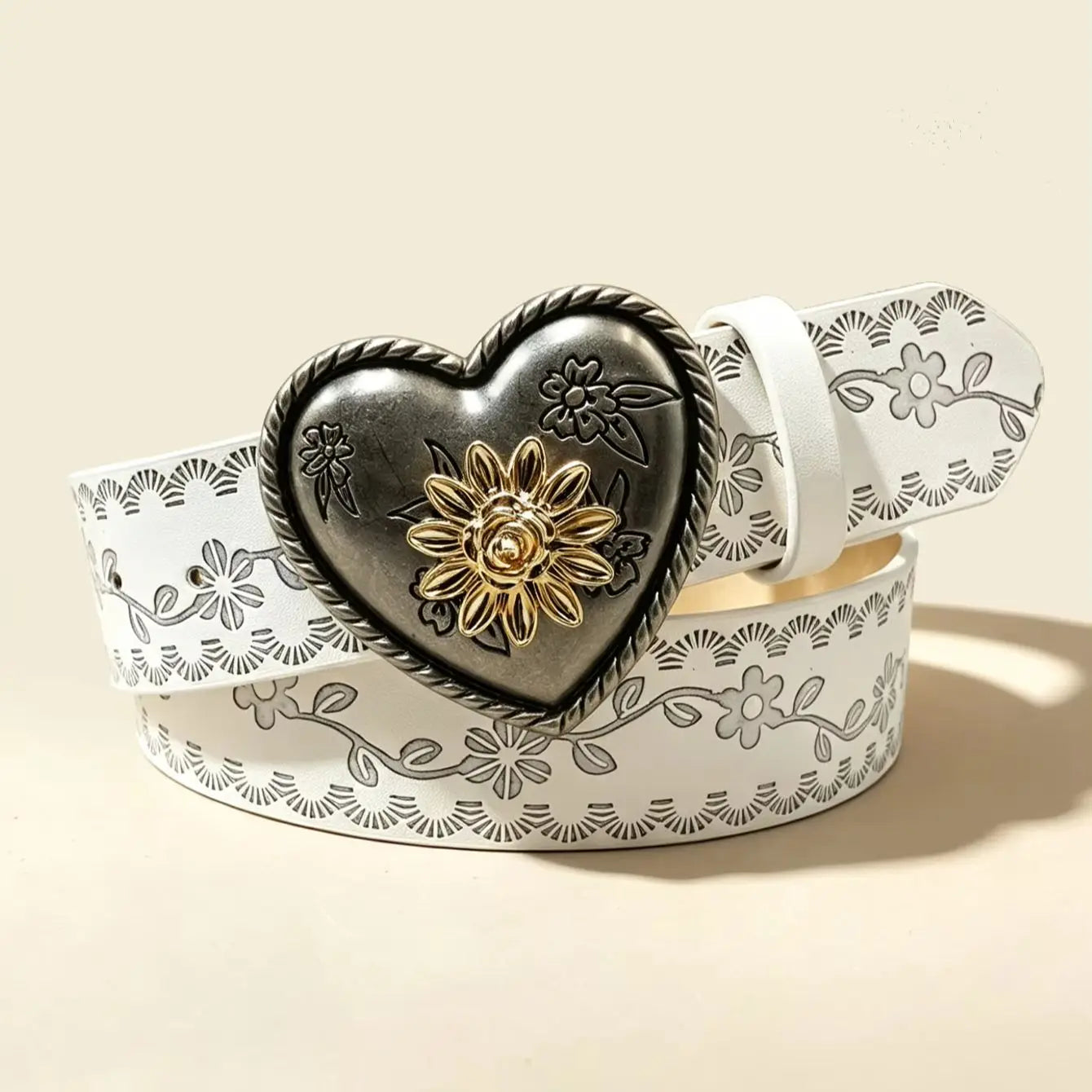 Heart Flower Metal Buckle Belt Brown Embossed Women's Retro Waistband Fashion Decorative Belt