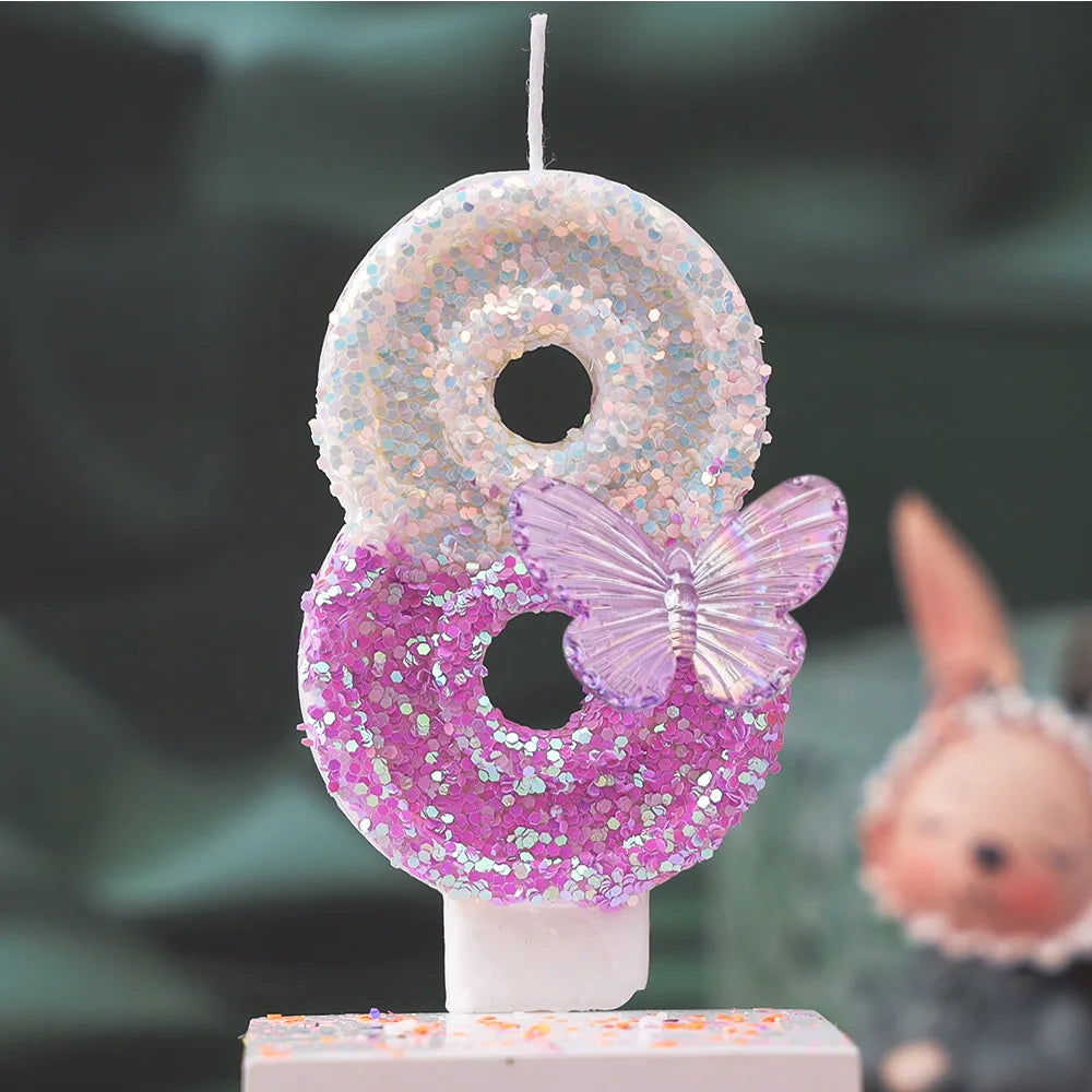 Creative 0-9 Numbers And Letters Birthday Cake Candle, DIY Party Decoration Candle With Purple Butterfly Design And Glitter