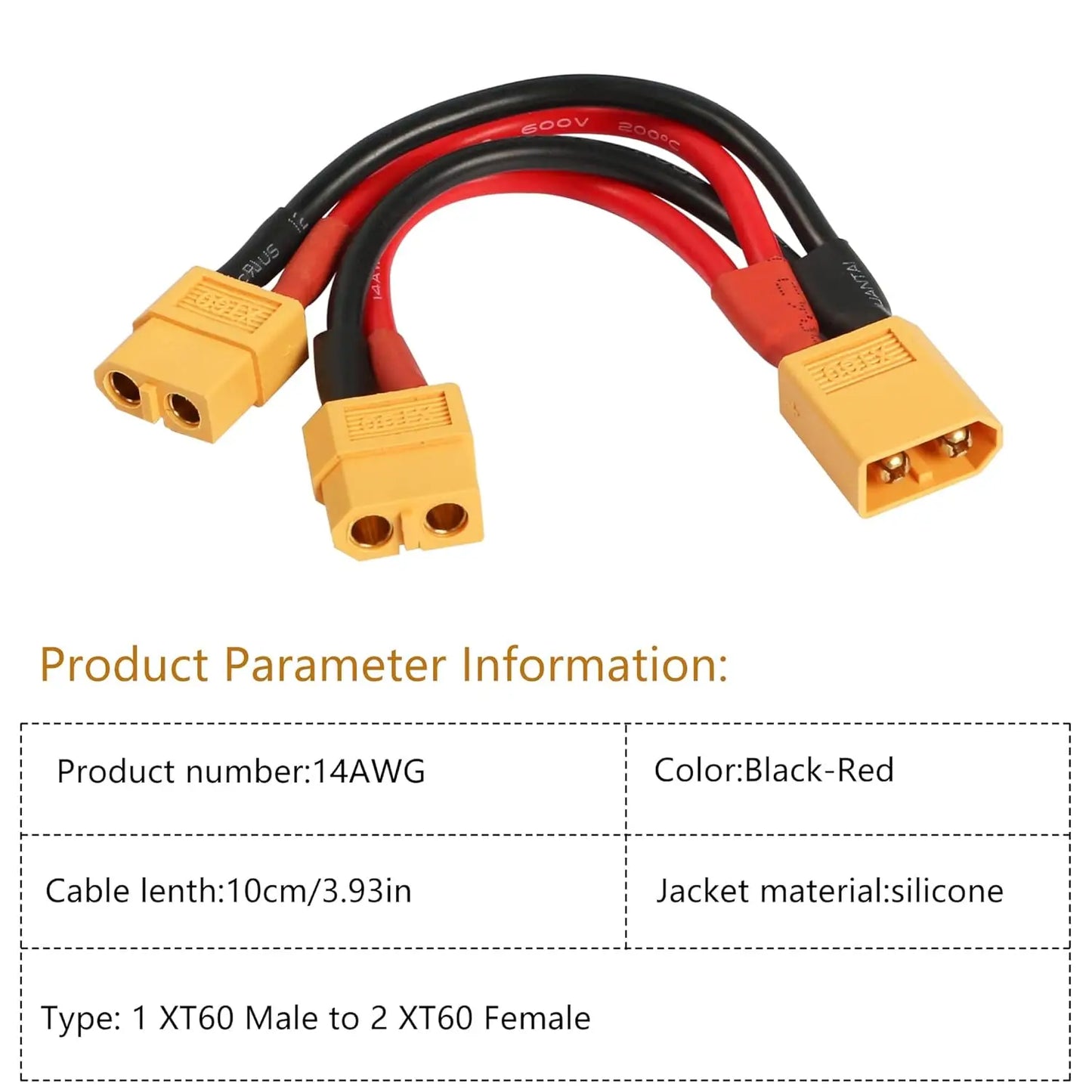 XT60 Parallel Battery Connector Cable,14AWG 1 Female to 2 Male Y Splitter Adapter Cable,10cm/3.93inch for RC Multicopter Quadcop