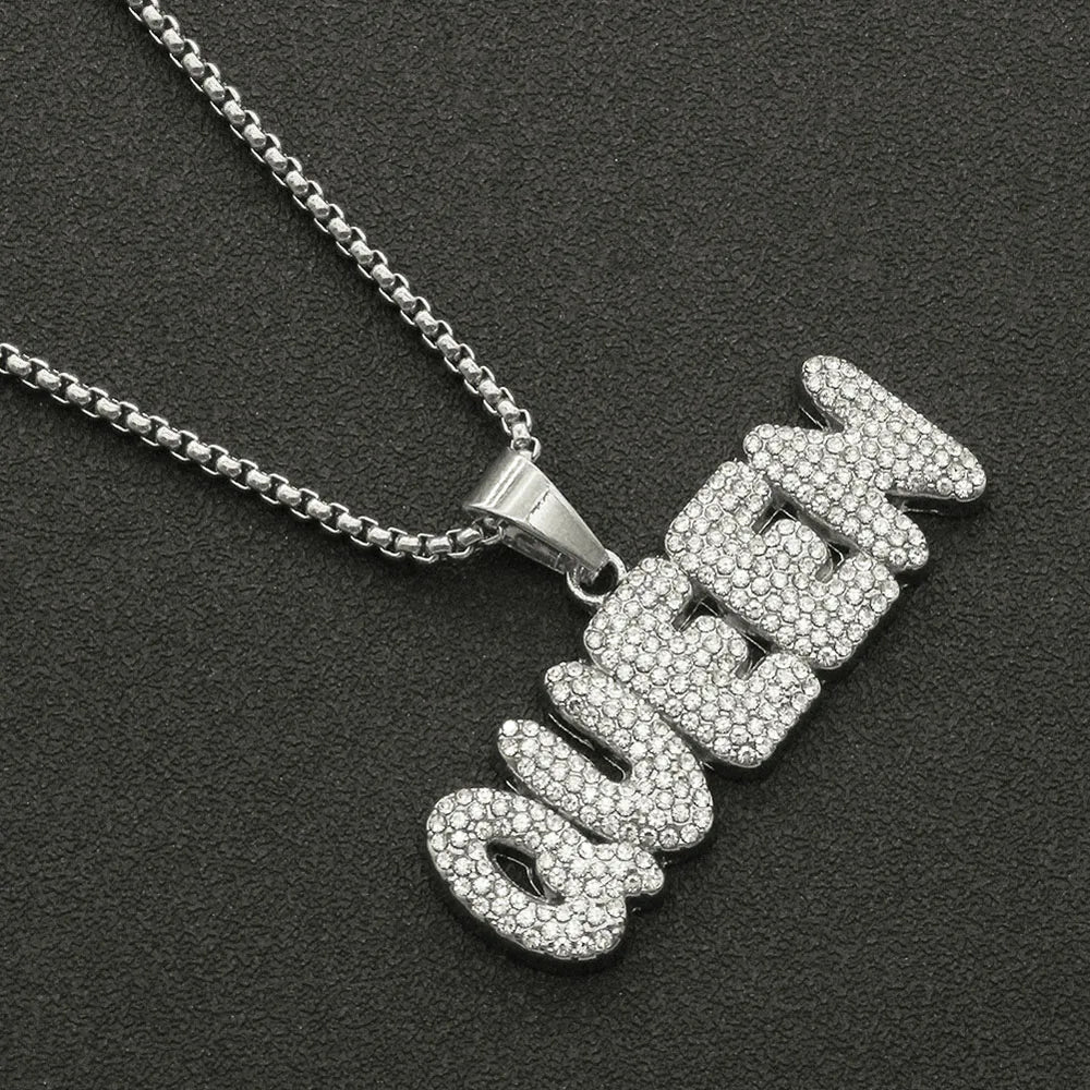 Men Hip Hop KING QUEEN Letter Pendant Necklace with 13mm Miami Cuban Chain Iced Out Bling HipHop Necklaces Fashion Women Jewelry
