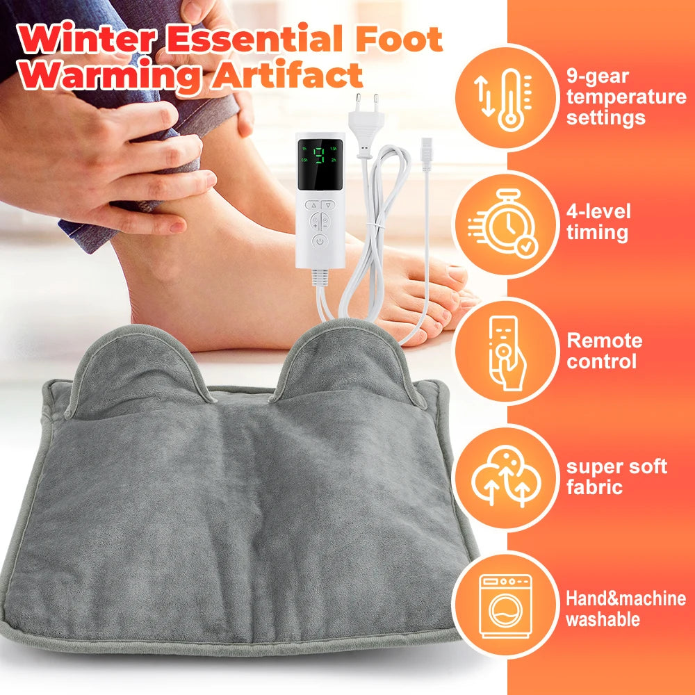 Winter Foot Warm Pad 9-Level Adjust Temperature Fast Heating Remote Control 4-Level Timer Flannel Feet Warmer LCD Display