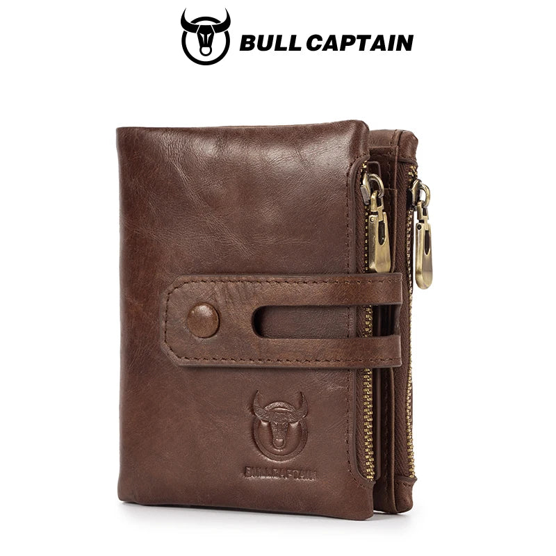 BULLCAPTAIN Genuine Leather RFID Men Wallet Credit Business Card Holders Double Zipper Cowhide Leather Wallet Purse Carteira 021