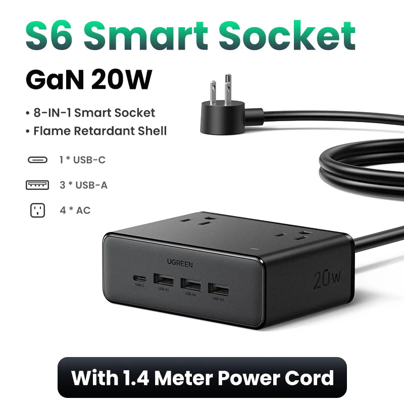 6in1 Power Strip UK/US Plug 2 AC 3 USB-A 1 USB-C 2990W 13A 250V Surge Protector