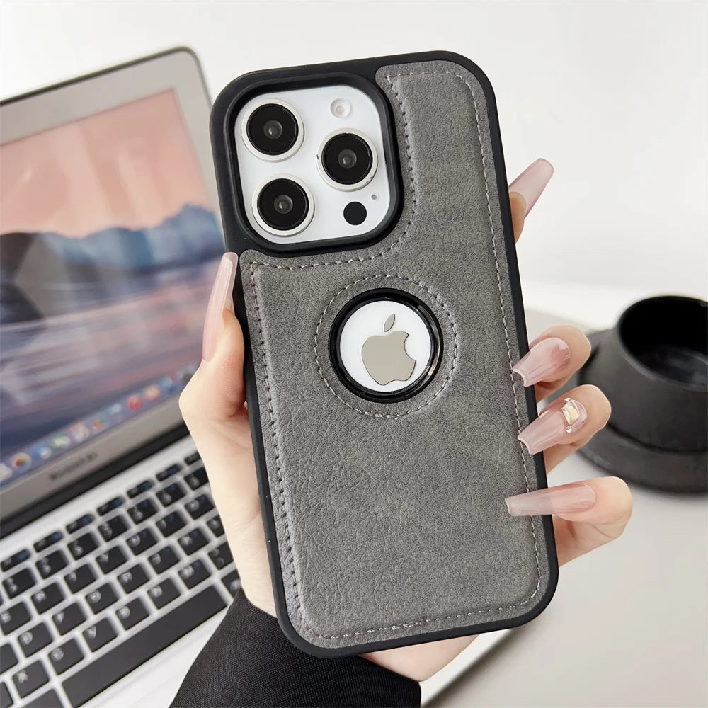 For iPhone 17 Air 11 12 13 14 15 Plus 16 Pro Max Business PU Leather Case Cowhide Logo Hole Shockproof Luxury Protective Cover
