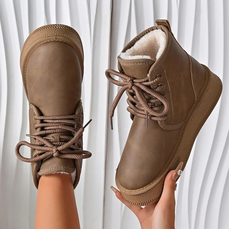 Fashion Lace Up Platform Snow Boots Women Anti Slip Warm Thicken Plush Ankle Boots Woman Thick Sole High Cotton Shoes 36-41
