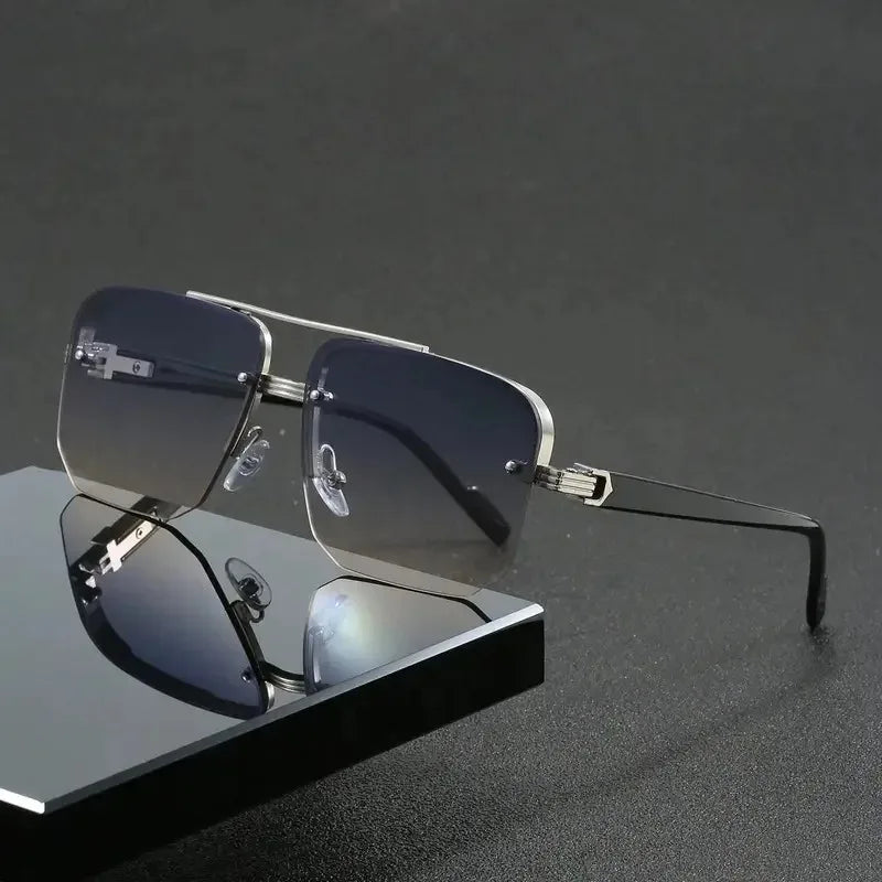 Trendy Aviator Sunglasses for Mens Womens Retro Double Bridge Metal Driving UV400 Outdoor Eyewear Semi-Rimless