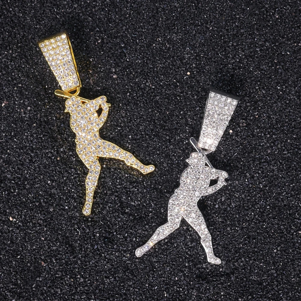 Hip Hop Baseball Pendant Fashion Sport Style Necklace with 13mm Cuban Chain Baseball Player Pendant Trendy Men's Party Jewelry