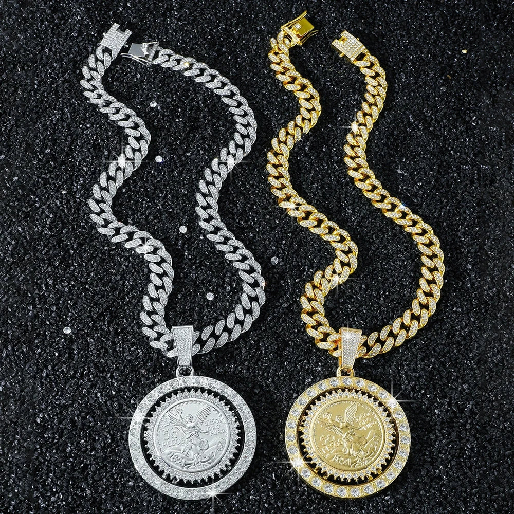 Men Hip hop Iced out Bling Rotatable Rotundity Medal Pendant Necklace 13mm Cuban Chain Hiphop Necklaces Fashion Charm Jewelry