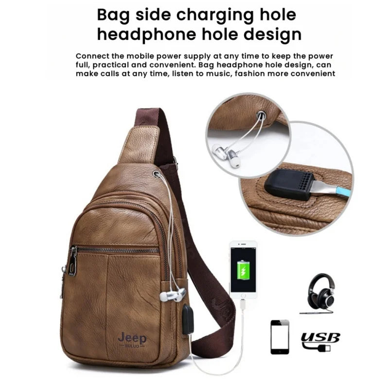 JEEP BULUO Men Crossbody Shoulder USB Sling Bag Fashion Leather Travel Bags