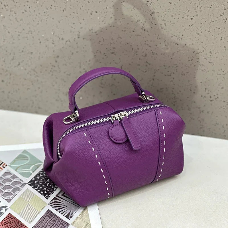 Genuine Cowhide Leather Mini Boston Bag for Women Luxury Designer Pebbled Leather Top Handle Crossbody Bag in Multi Colors