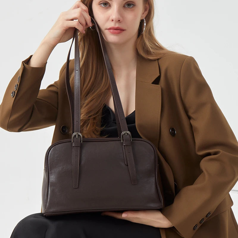 women's Vegetable tanned Cow leather bowling bag female niche retro large capacity genuine leather Crossbody shoulder bag