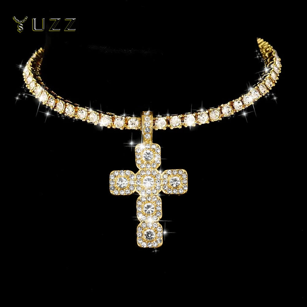 Women Hip Hop Cross Pendant Necklace Strap Men 4mm Rhinestone Tennis Chain Iced Sparkling Necklace Punk Jewelry Fashion Gift