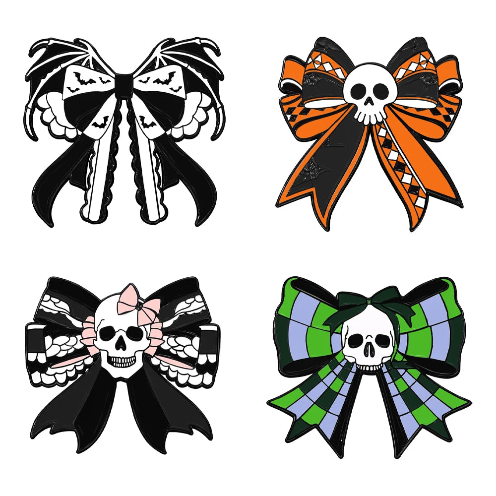 4 Pcs Gothic Skull Bow Enamel Pin Bat Wing Checkered Ribbon Bow Lapel Brooches Punk Dark Skeleton Jewelry for Backpack Jacket De