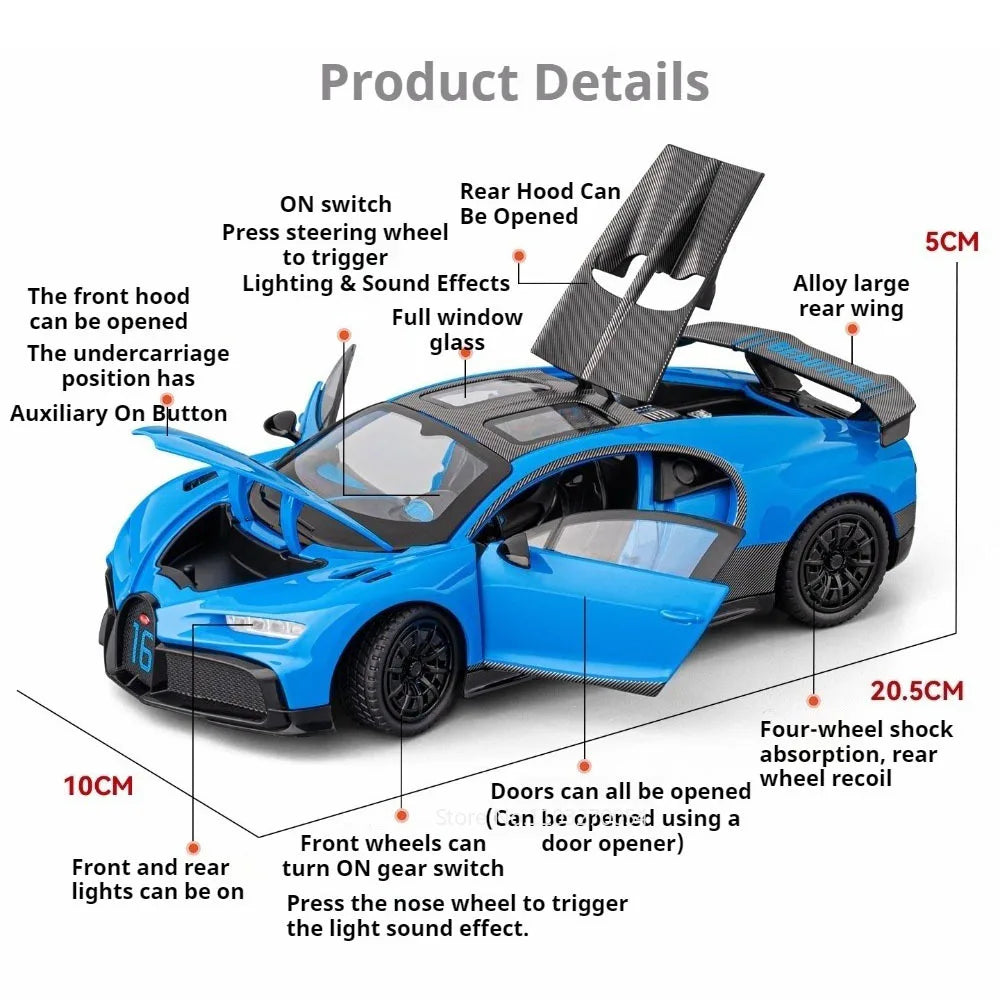 1:24 Chiron Tourbillon Miniature Model Alloy Diecast Car Toy Doors Opened with Sound Light Pull Back Sportscar Festival Surprise