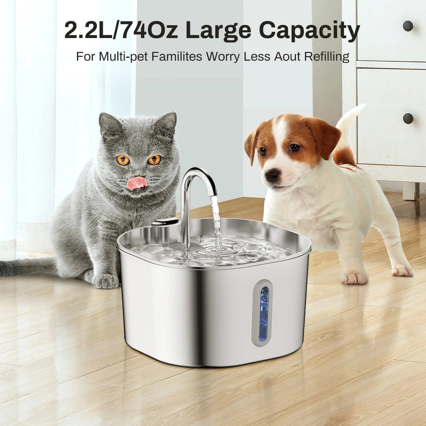 2.2L Automatic Cat Dog Water Fountain, Faucet Stainless Steel Filter Silent Pump