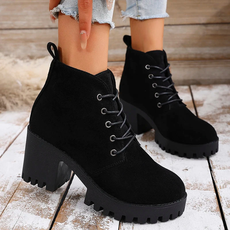 Classic Lace Up High Heels Ankle Boots Women Autumn Winter Black Flock Short Booties Mujer Plus Size 42 Thick Heel Boots Female