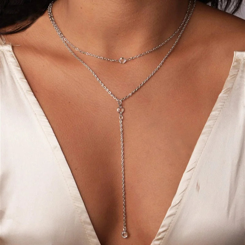 Bohemian Gold Color Metal Y-shaped Necklace for Women Double Laryered Long Chain Stacking Choker Necklace Fashion Jewelry Gift