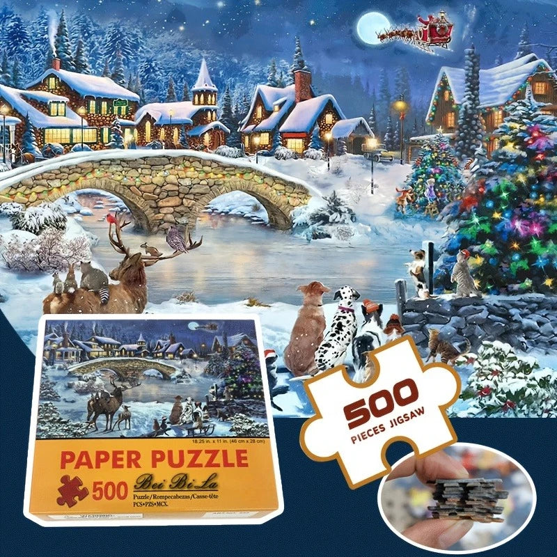 500pcs Christmas Town Jigsaw Puzzle Lively Festive Scene Finished Size 18x11 Inches Perfect Holiday Gift for Adults & Family Fun