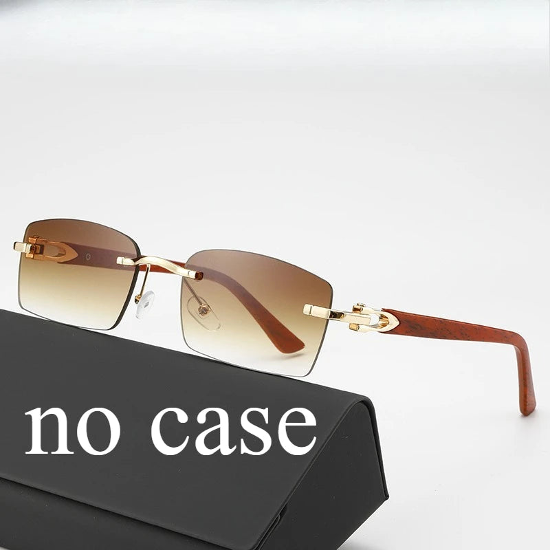 Fashionable Frameless Sunglasses with Ocean Panels, Trimmed Wood Grain, Leg Frames, Retro Men's and Women's Sunglasses