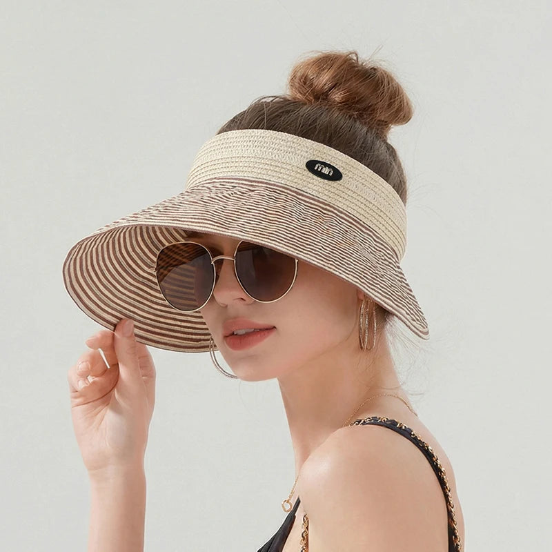 6175-New summer women's wide-brimmed hat - beach and sand grass-wovensunprotectionhat, versatile and fashionable striped top hat