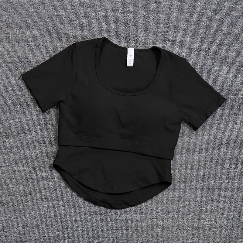 New Fixed Bra Yoga Suit Slimming Sports Top Women's Short Sleeve Breathable Running Fitness Shirt